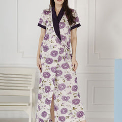 Be You Women Satin Floral Printed Maxi Wrap Nightdress