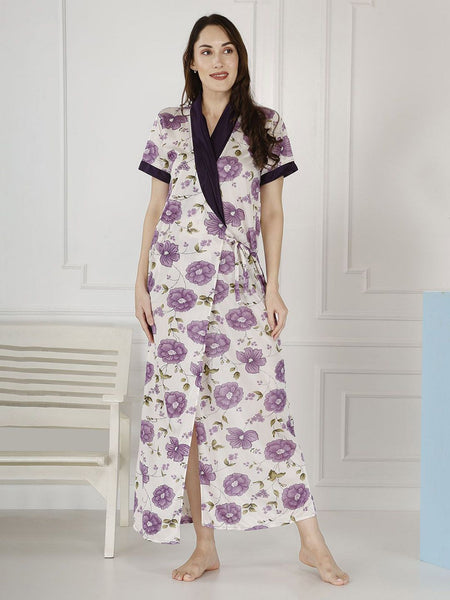 Be You Women Satin Floral Printed Maxi Wrap Nightdress