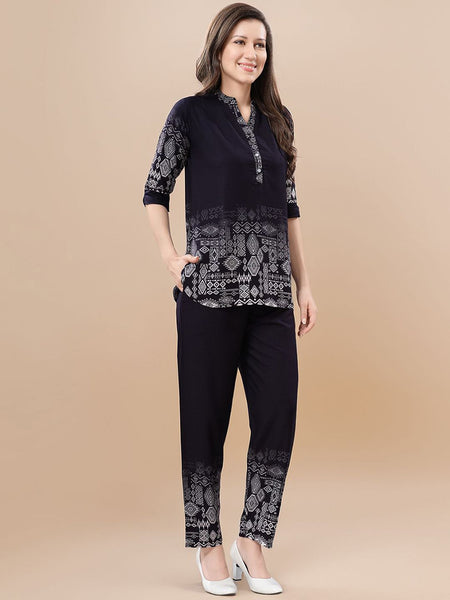 Be You Printed Mandarin Collar Tunic With Trousers