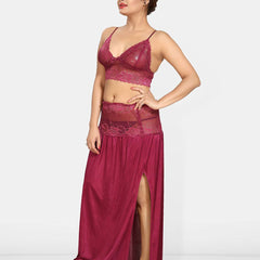 Be You Solid Lace Details Satin Nighty with Robe