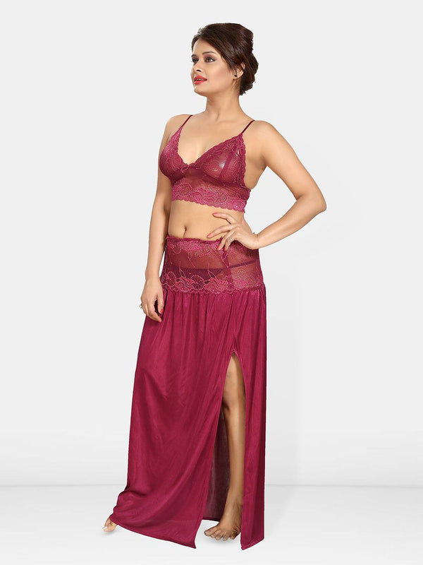 Be You Solid Lace Details Satin Nighty with Robe