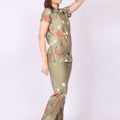 Be You Women Olive Satin Printed Night suit