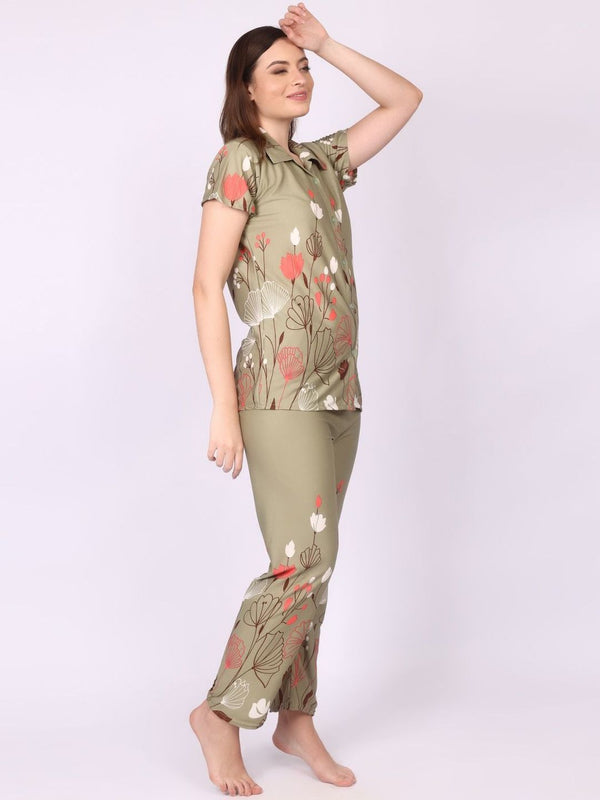Be You Women Olive Satin Printed Night suit