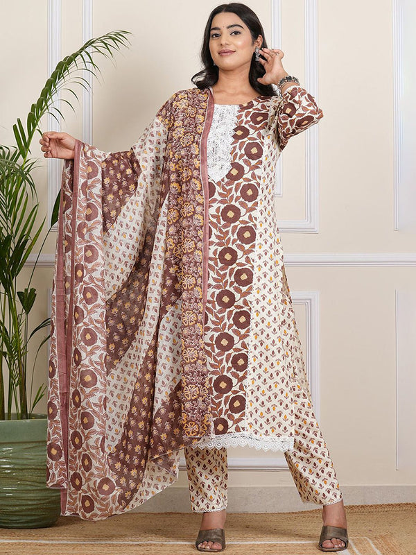 Be You Floral Printed Round Neck Straight Kurta With Trousers And Dupatta