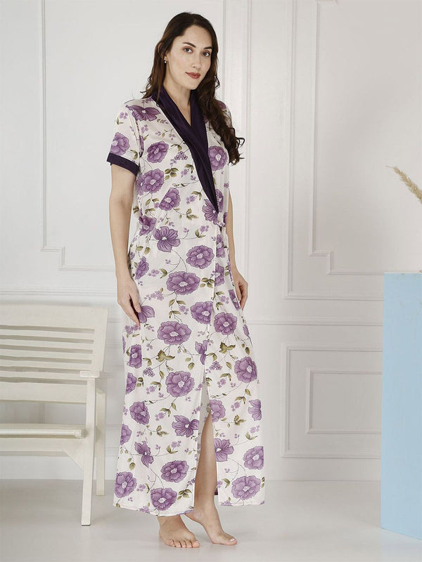 Be You Women Satin Floral Printed Maxi Wrap Nightdress