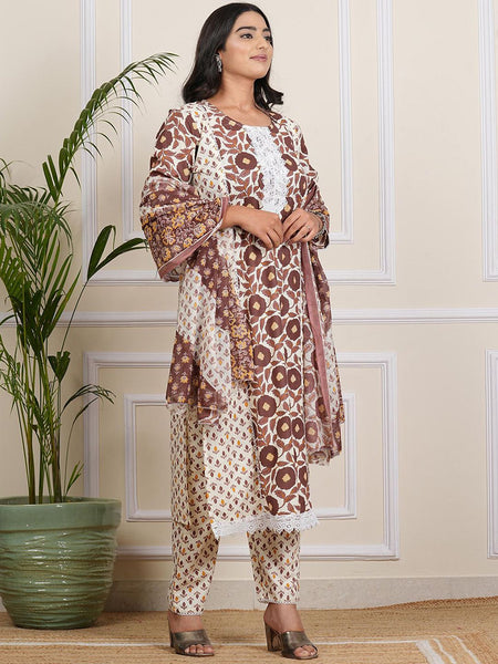Be You Floral Printed Round Neck Straight Kurta With Trousers And Dupatta