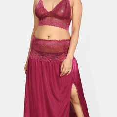 Be You Solid Lace Details Satin Nighty with Robe