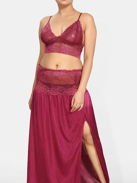 Be You Solid Lace Details Satin Nighty with Robe