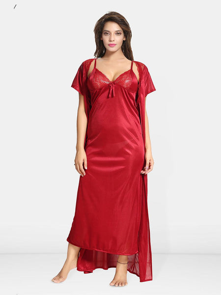 Be You Women 2 pieces Satin Nighty with Robe Maxi Nightdress