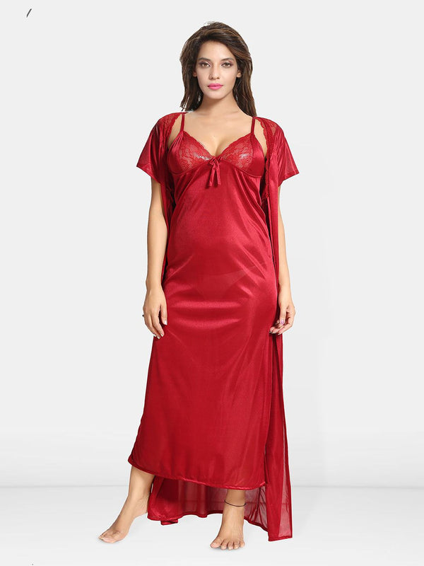 Be You Women 2 pieces Satin Nighty with Robe Maxi Nightdress