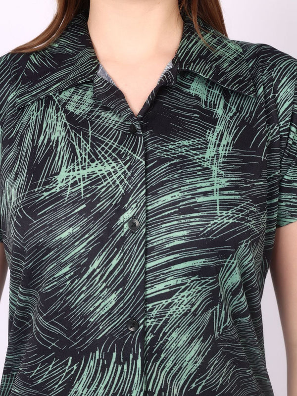 Be You Women Green Satin Shirt Collar Short Sleeves Causal Night Suit