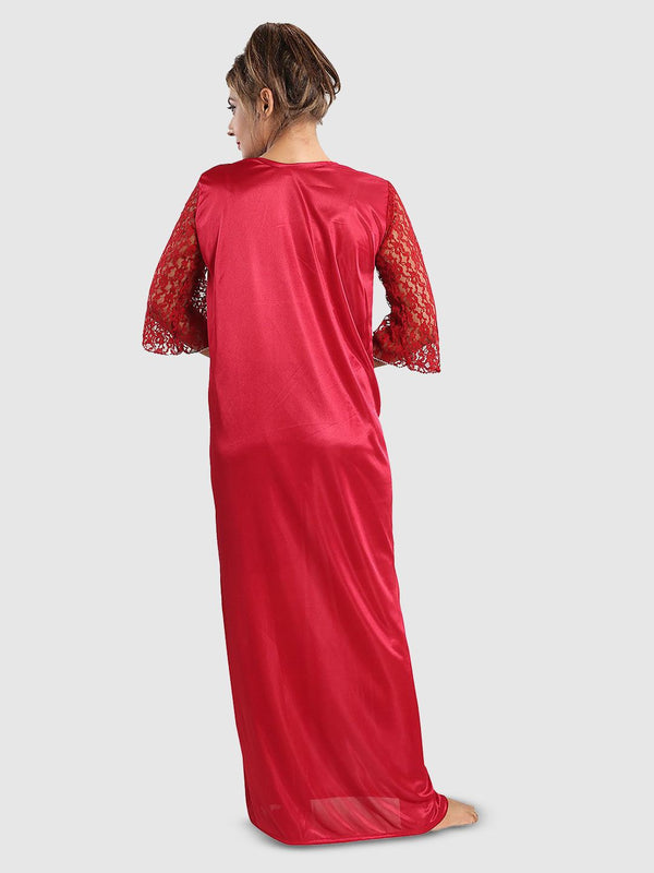 Be You Women Solid Satin Three-Quarter Sleeves Maxi Everyday Nightdress