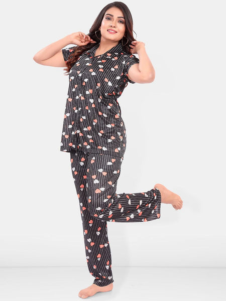 Be You Women Satin Printed Shirt & Pyjamas Night suit