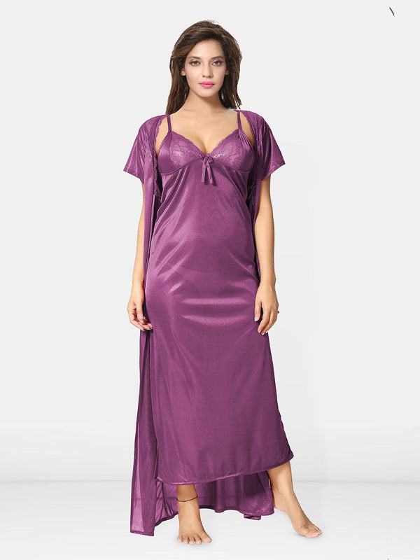 Be You Solid Satin 2 pieces Nighty with Robe