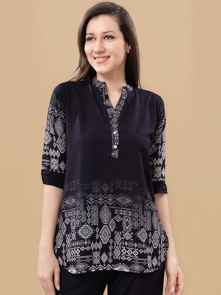 Be You Printed Mandarin Collar Tunic With Trousers