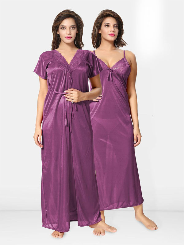 Be You Solid Satin 2 pieces Nighty with Robe