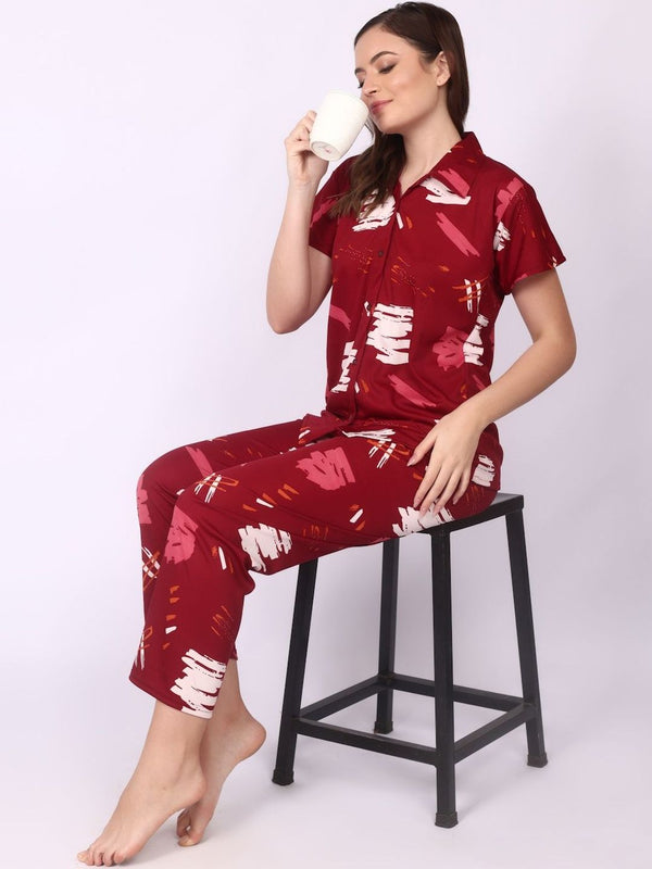 Be You Women Maroon Printed Night suit