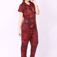 Be You Women Red Satin Shirt Collar Short Sleeves Causal Night Suit