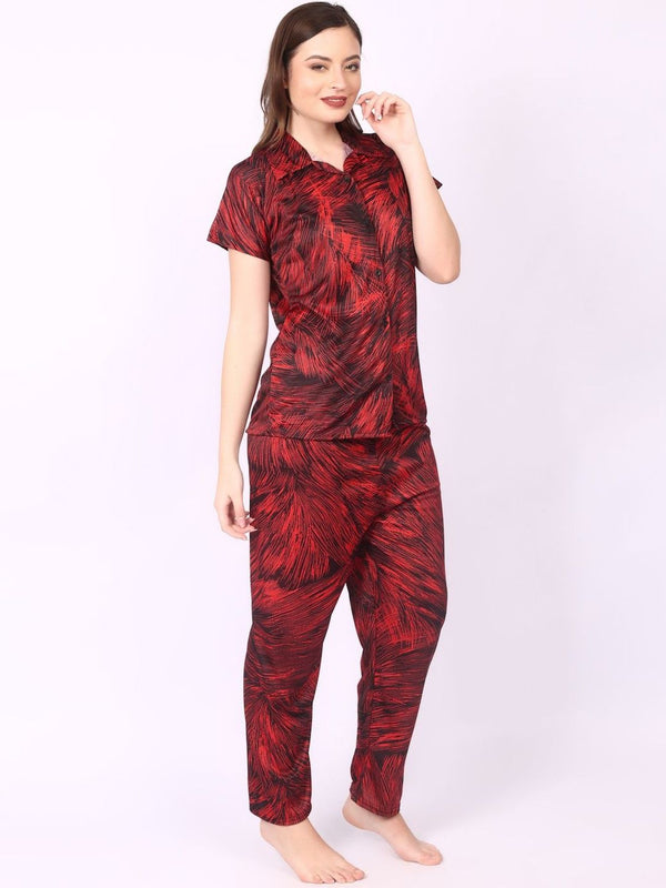 Be You Women Red Satin Shirt Collar Short Sleeves Causal Night Suit