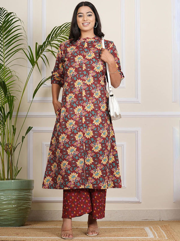 Be You Floral Printed Band Collar A-line Kurta With Palazzos