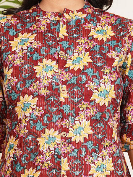 Be You Floral Printed Band Collar A-line Kurta With Palazzos