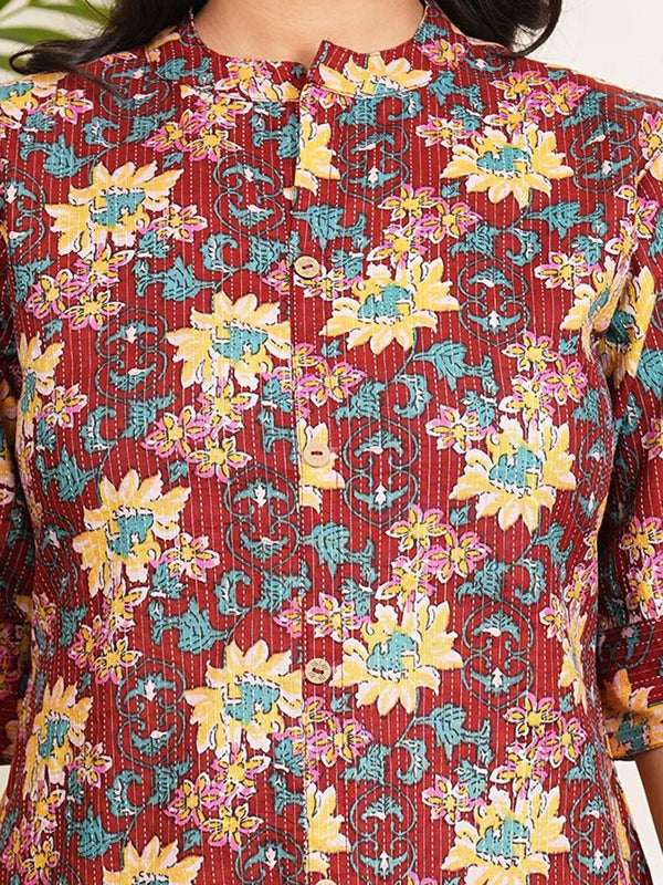 Be You Floral Printed Band Collar A-line Kurta With Palazzos