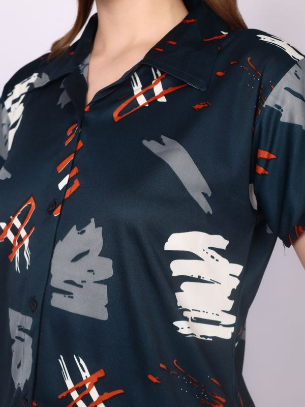 Be You Women Satin Abstract Print Top & Pyjama Night Suit